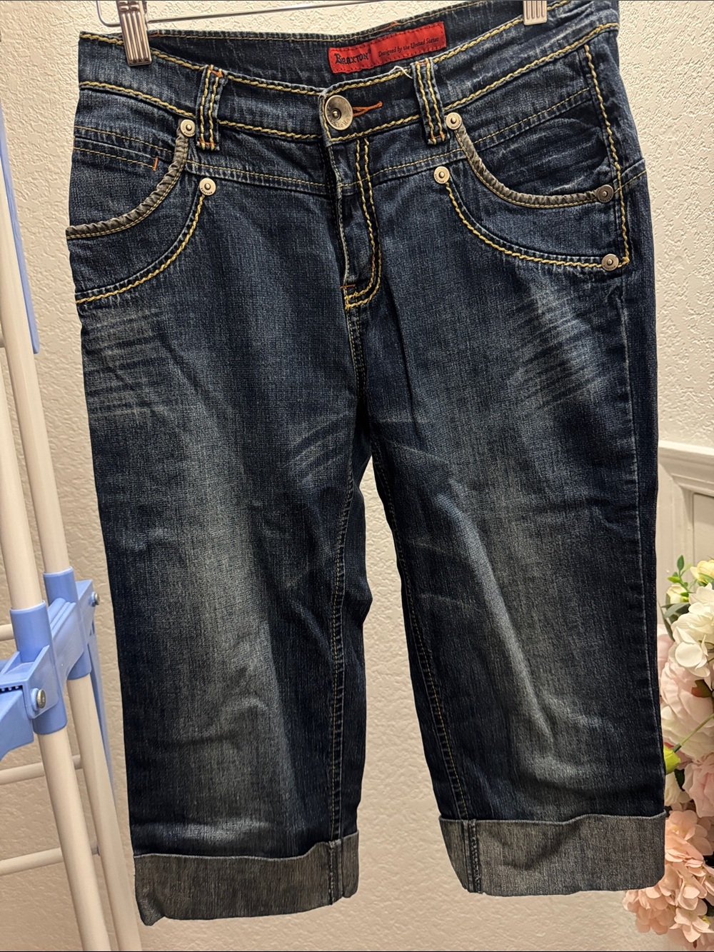 Women’s Dark Wash Cropped Jeans - Mid-Rise Capri Length